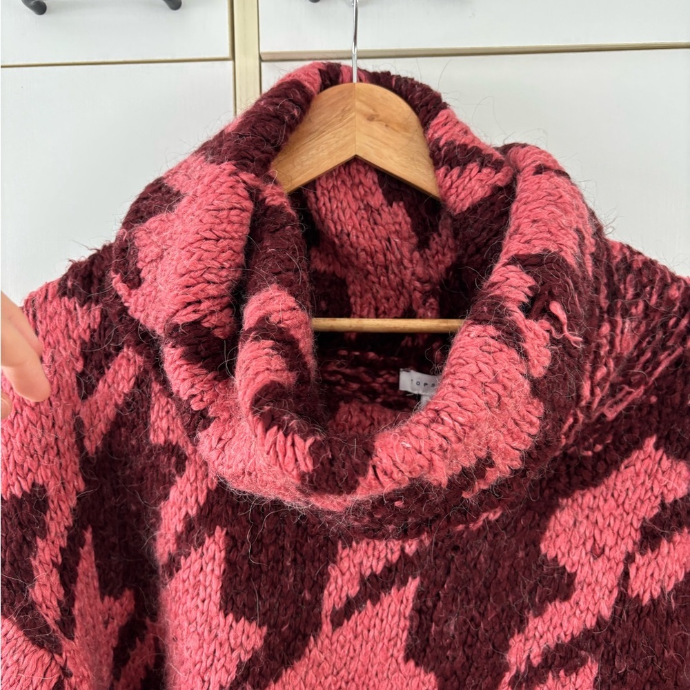 Topshop Houndstooth Cowl Neck Sweater Pink Burgundy Women’s Large Puff Sleeves - Picture 4 of 12
